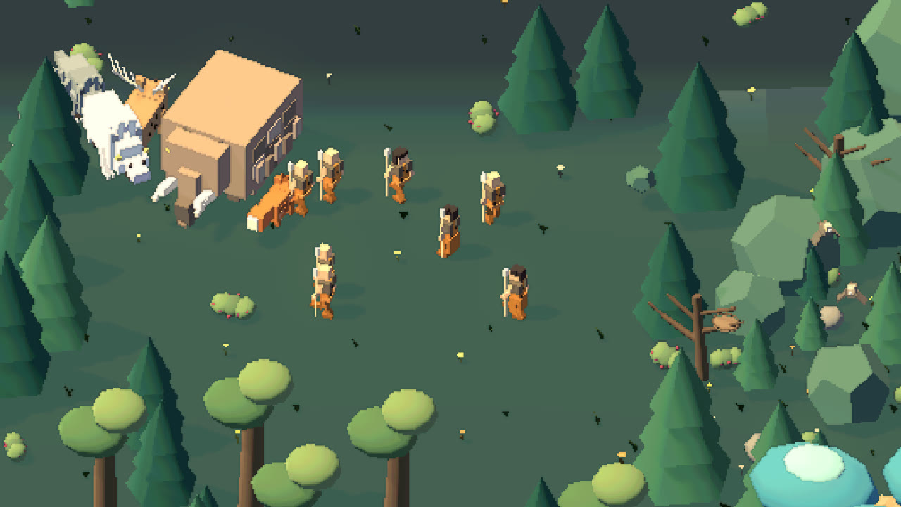 Primal hunters with spears surrounding a mammoth in a forest clearing