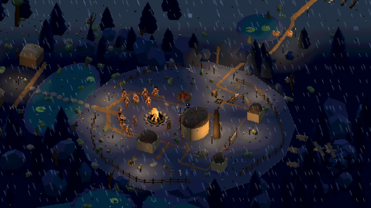 Rain falling on the torch-lit camp at night